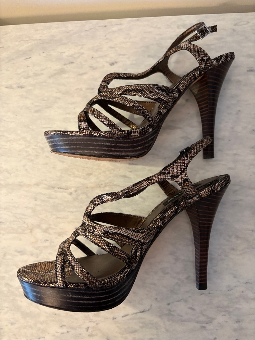 White House Black Market Brown Snake-Print Strappy High Heel Sandals - Picture 9 of 16